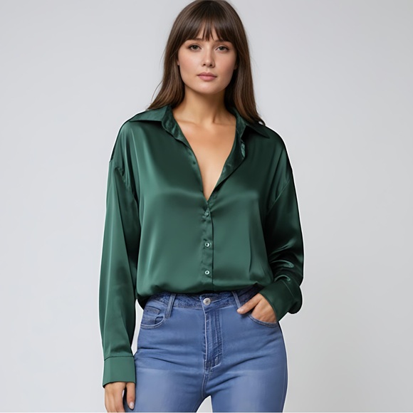 Emerald Satin Button Up Blouse - Picture 1 of 5